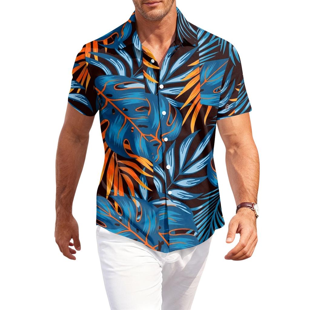 Men's Casual Loose Fit Short Sleeve Shirt Button Down Palm Leaf Print Lightweight Summer Beachwear Shirt