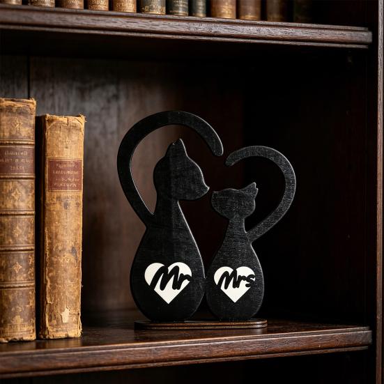 Rustic Mr. & Mrs. Sign Wooden Couple Cat Wedding Sign Romantic Black Cats Snuggling Silhouette Heart Decoration for Wedding Valentine's Day