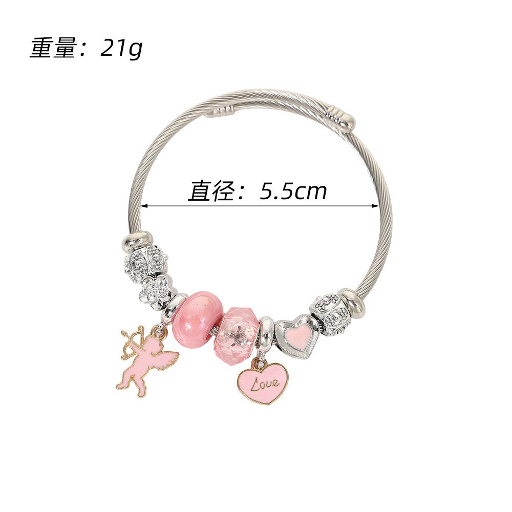 Cute Cartoon Bear Angel Heart Beaded Bracelet Stainless Steel Valentine Gift for Her Girlfriend Women