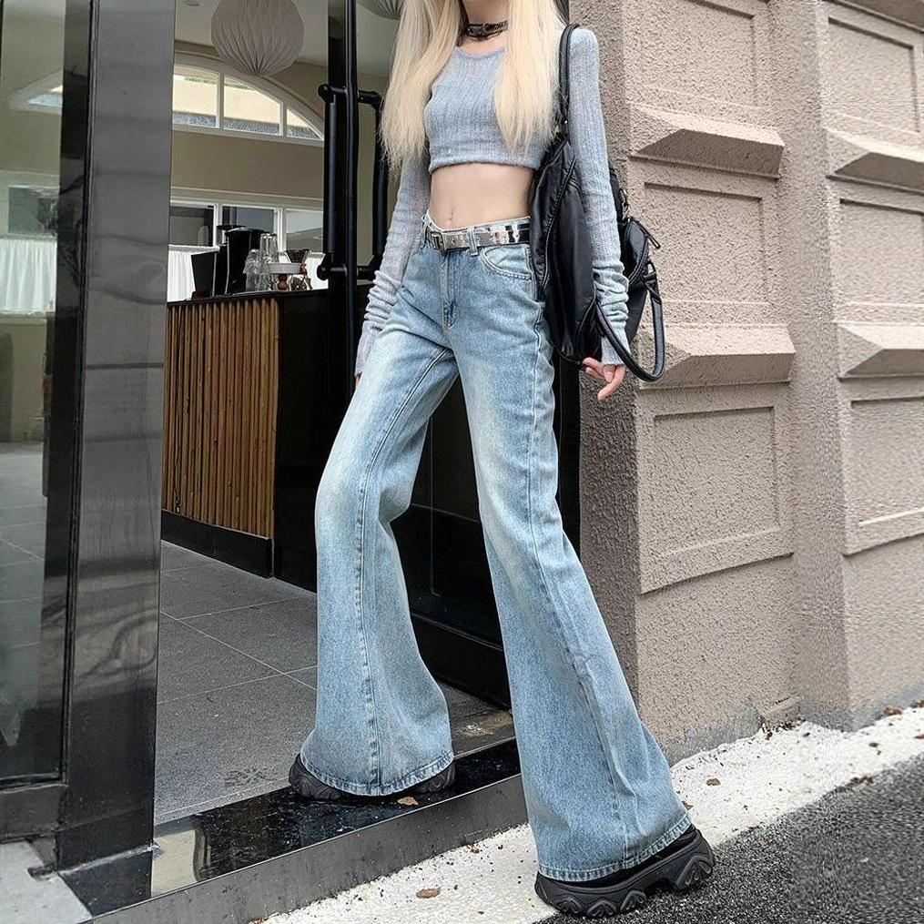 Light Blue Micro Flare Jeans Female Spring High Waist Loose Skinny Retro Wide Legged Dragging Trousers Tide Jeans for Women Long Denim Pants