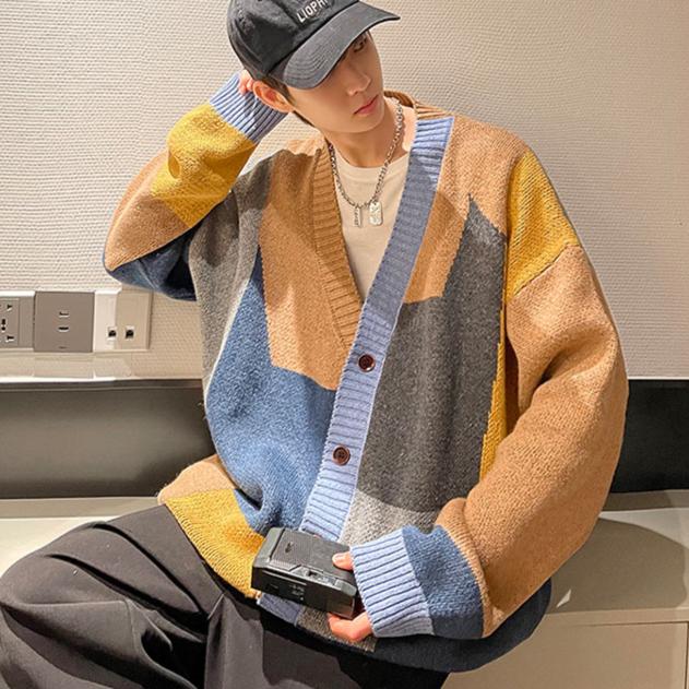 Podzimní a zimní korejský styl módní pletené kardigany svetr patchworková barva pár pánské ležérní trendy kabáty bunda pánské oblečení