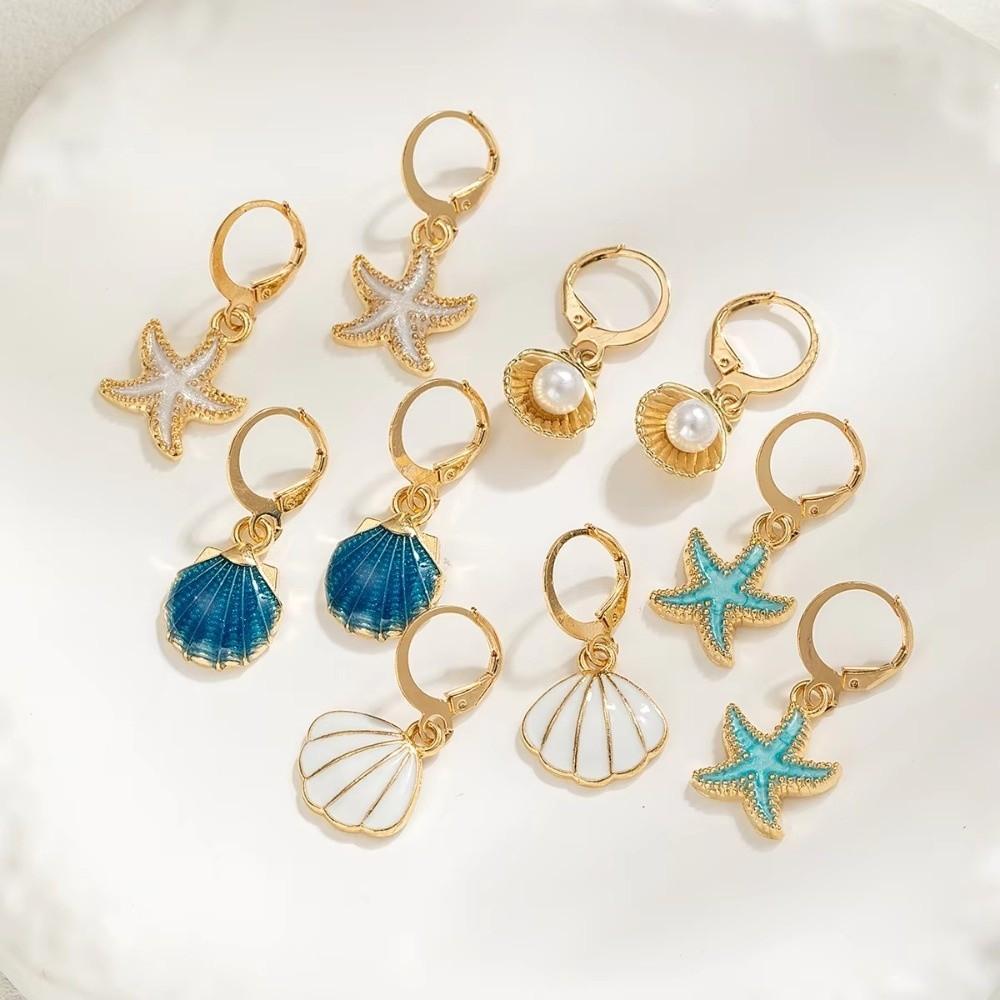 5 pairs New Ocean Style Pendant Earrings Starfish Shell Alloy Drop Earrings Imitation Pearl Scallop Card Earrings
