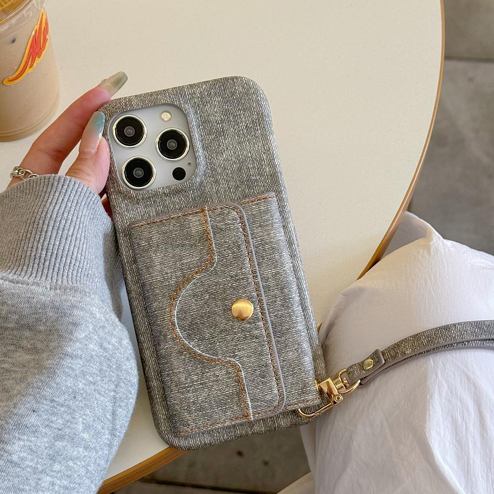 Für iPhone 16 Pro Max Hülle Kartenfächer Spiegeldesign Jeansstoff Textur PU Leder Rückseite mit Trageband