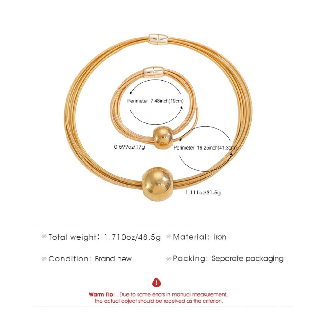 Multi Strand Choker Necklace with Central Ball Pendant Gold Tone Statement Collar for Women