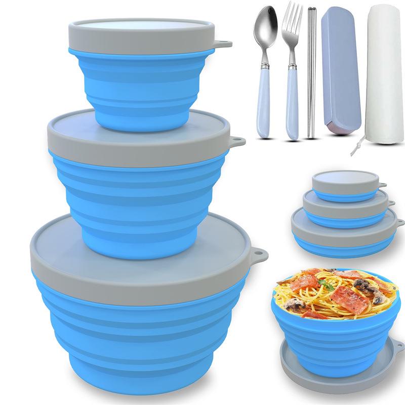 Silicone Collapsible Lunch Box Set: 3-Piece Food-Grade Microwave-Safe Bowls for Kitchen & Outdoor Use
