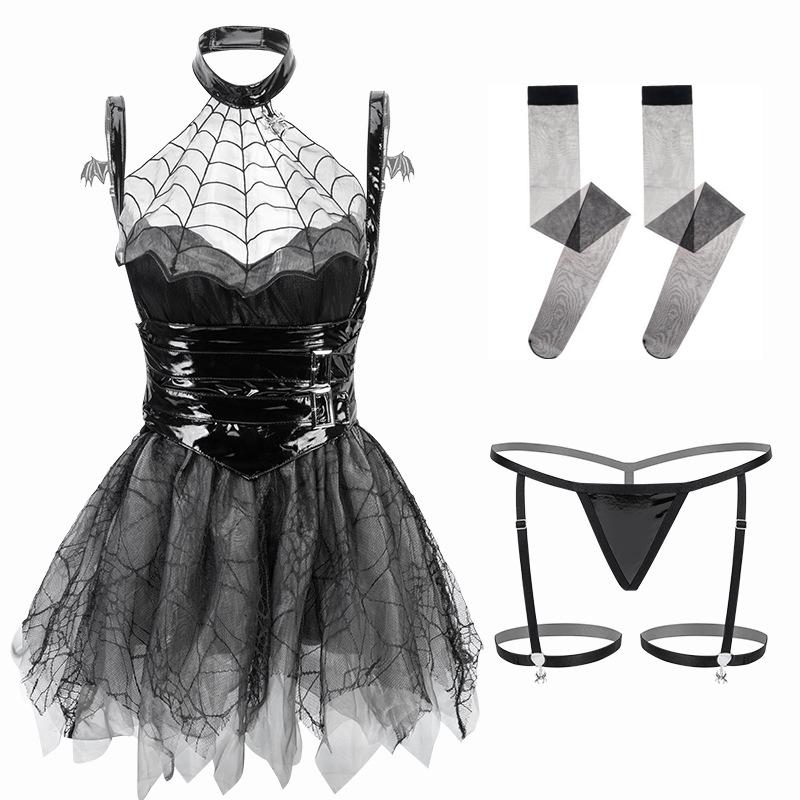 Sexy Lingerie Little Devil Cosplay Costumes Spider Dress Patent Leather Waist Women's Demon Halloween Anime Roleplay Witch Skirt