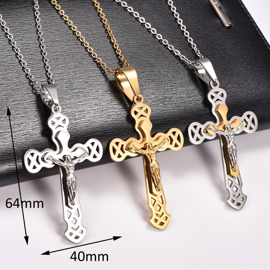 Stainless Steel Punk Jesus Crucifixion Cross Pendant Necklace for Women Men Religious Faith Prayer Charms Chain Metal Jewelry