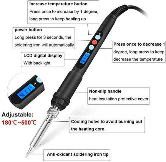 60W Adjustable Temperature LCD Soldering Iron - Fast Heating Ceramic for Circuit Board Repair