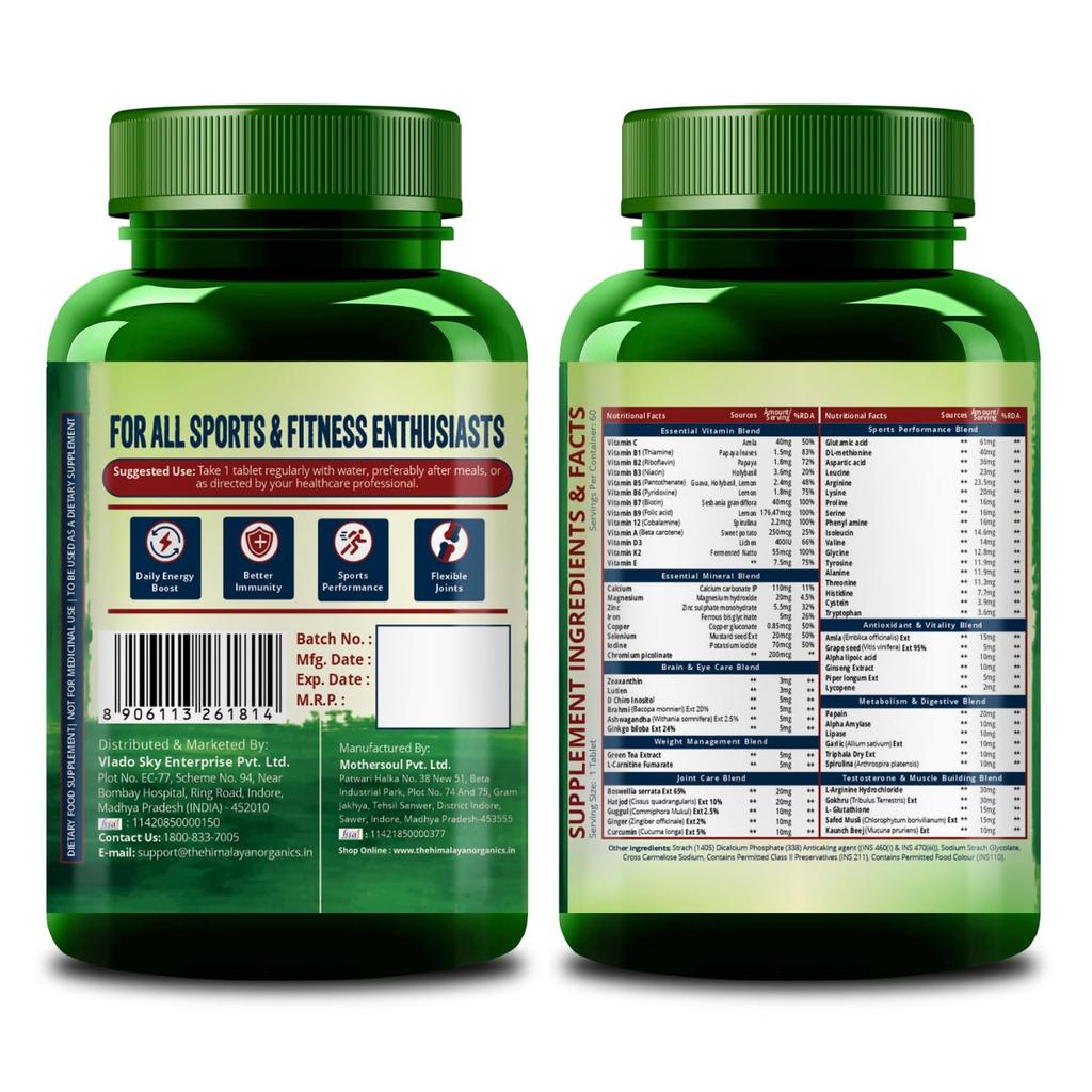 Vlados Himalayan Organics Multivitamin Sport Supplement 60 Veg-Tabletten für Gehirn, Augen, Muskeln, Gelenke