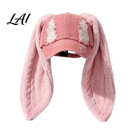 PlushLong Ear Baseball Cap with Plush Rabbit Ears Washed Distressed Peaked Hat for Bunny Ears Winter Long Dance Party Show Festivals