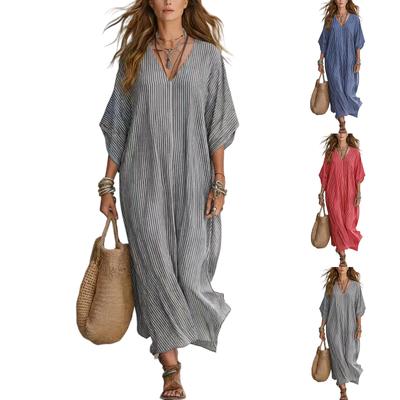 Lockere Übergröße Urlaubs-Maxi-Hemdblusenkleid V-Ausschnitt Gestreiftes Sommerkleid Lässiger Entspannter Stil Leichter Stoff