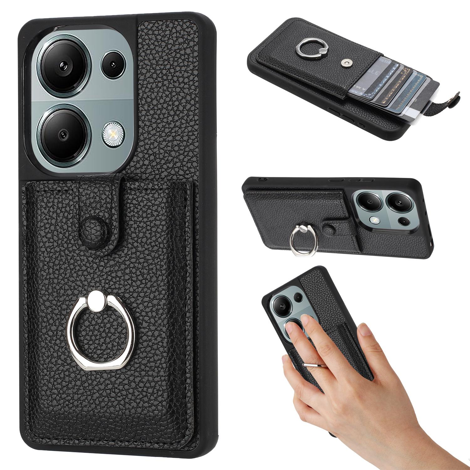

For Xiaomi Poco M6 Pro 4G/Redmi Note 13 Pro 4G Case Drawing Type Card Slots Litchi Texture Leather Back Cover with Ring Kickstand Black