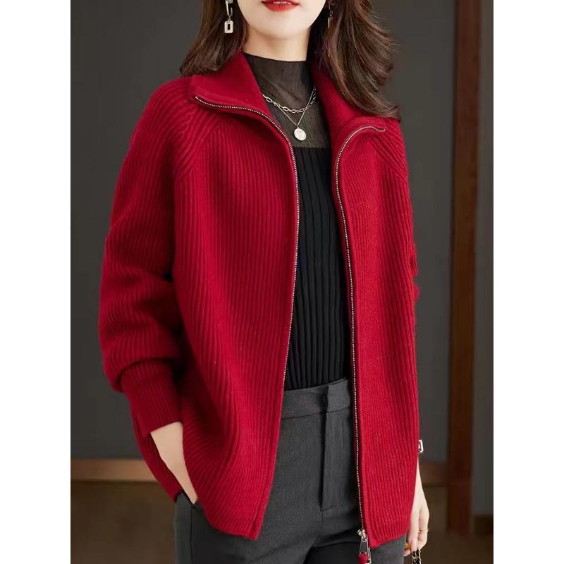 Solid Color Autumn and Winter New Loose Double Zipper Sweater Jacket for Women's Lazy Style Large Size Casual Knitted Cardigan for Women