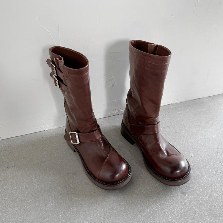 

2025 autumn new round head Korean version full leather belt buckle sleeve knight boots Internet celebrity versatile medium boots 39 темно-коричневого