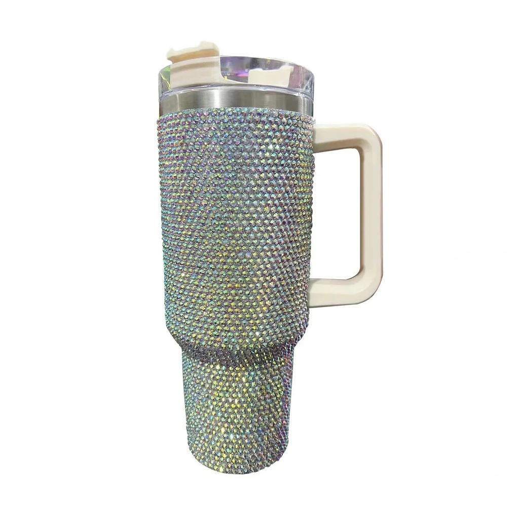 Diamond-encrusted Diamond Thermo Silver Water Cup Starbucks Cup Car Handle Cup 304 Steel Office Home