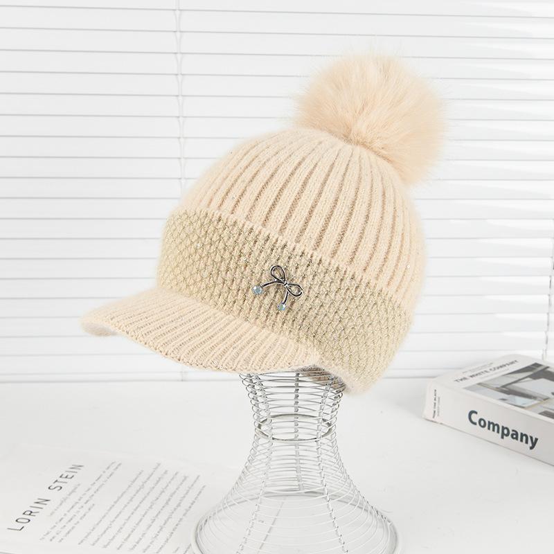 Winter New Duck Tongue Wool Hat Women's Thickened Warm Ear Protection Hairball Knitted Hat Cycling Cold Hat