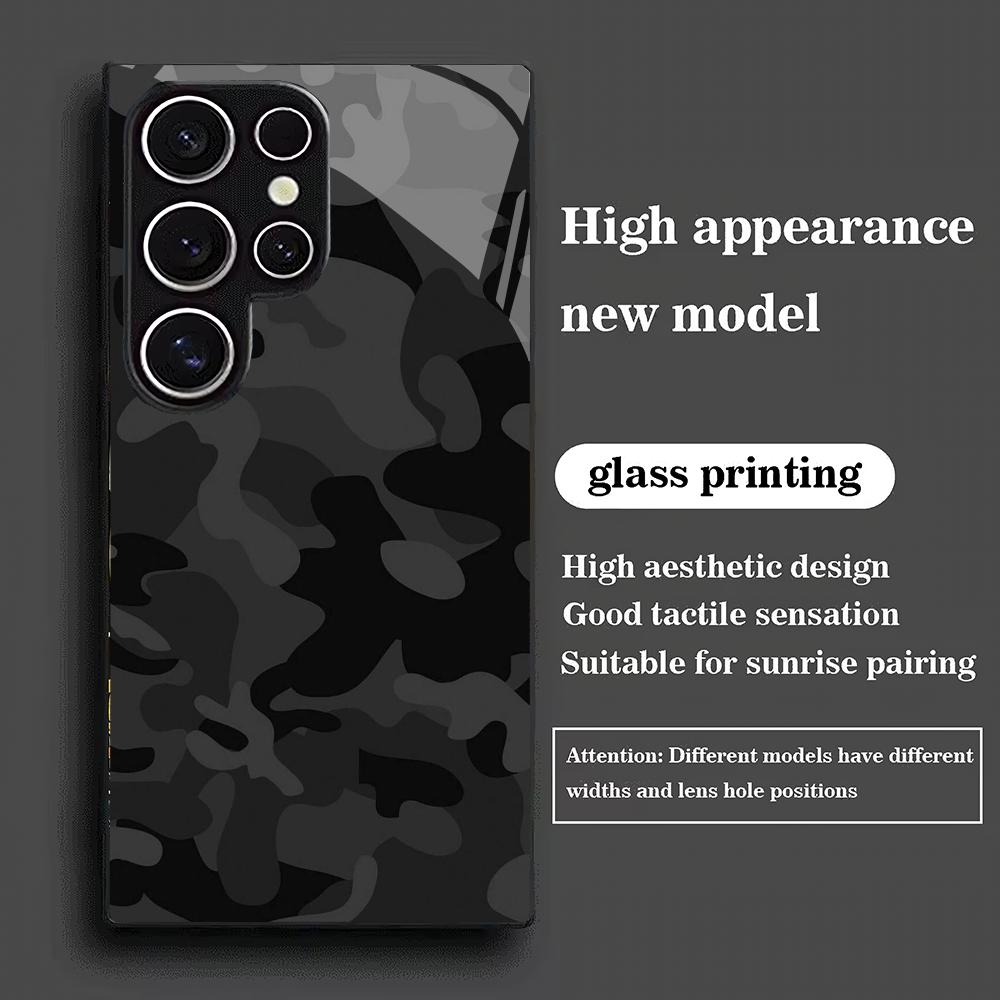 Black camouflage tempered glass phone case suitable for Samsung Galaxy S26 S25 S24 S23 S22 S20FE/Ultra/Plus anti drop back cover