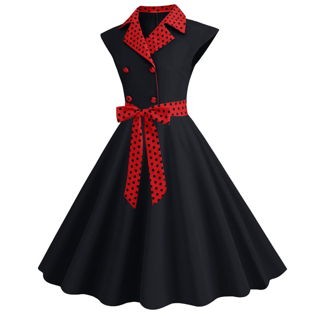 Women's Fashionable Suit Collar Polka Dot Casual Color Large Swing Dress With Belt