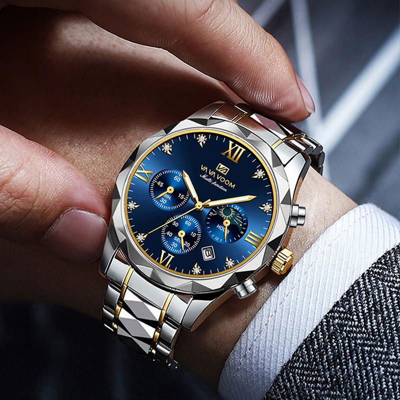 VA VA VOOM Quartz Watch Men Top Brand High Quality Stainless Steel 30M Waterproof Luminous Date Week Sports Business Wristwatches Women Quartz Watch