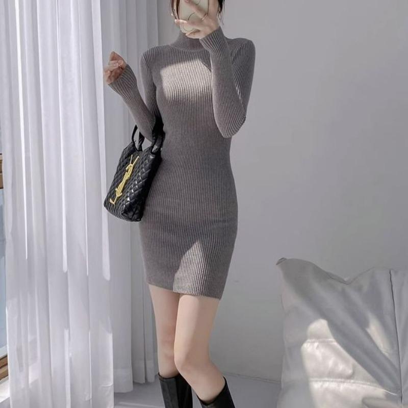 Autumn Winter Women Korean Fashion Simple Ribbed Knitted Dresses Elegant Half High Collar Long Sleeve Slim Basic Sweater Dress