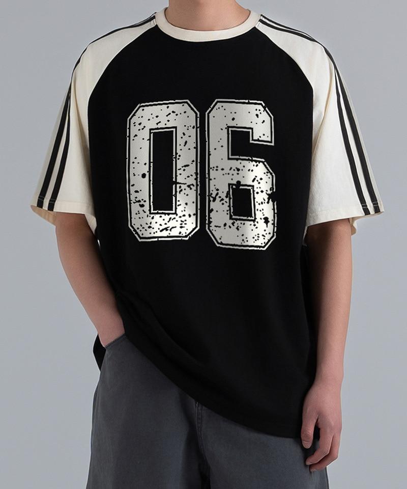 UNDEROFF Oversized Raglan Track Line Short Sleeve T-Shirt Vintage Numbering Burgundy