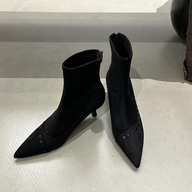 

SUOJIALUN New Brand Women Ankle Boots Fashion Pointed Toe Slip On Chelsea Boots Thin High Heel Outdoor Casual Dress Pumps S 35