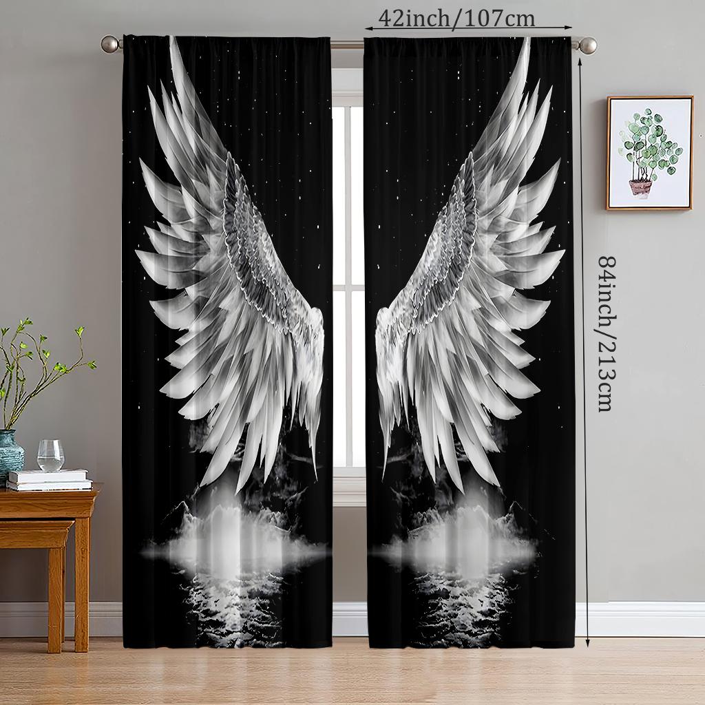 2pcs- Pure Black Cool Wing Polyester Curtains, Bathroom, Bedroom, Living Room, and Family Room Decorative Curtains