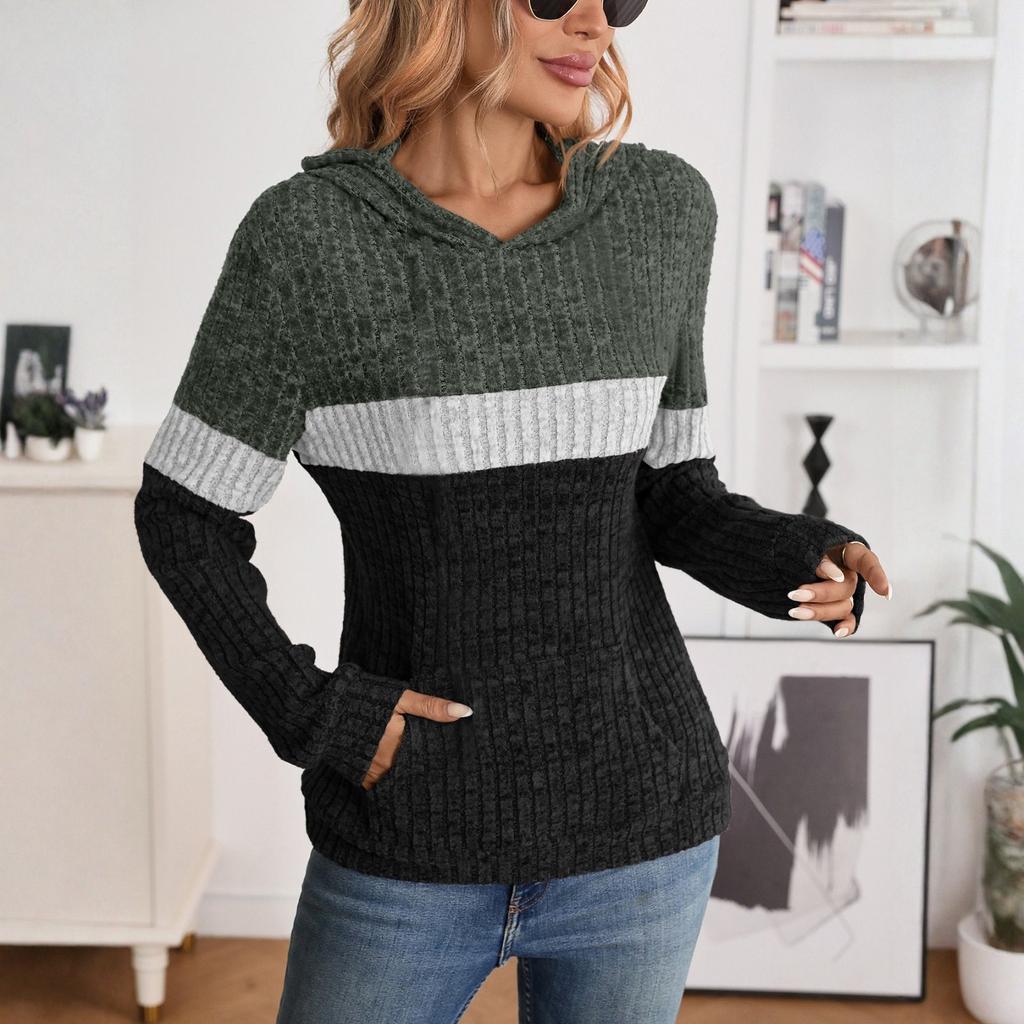 Women's Fashionable Casual Color Blocked Hooded Pocket Loose Long Sleeved Pullover Top