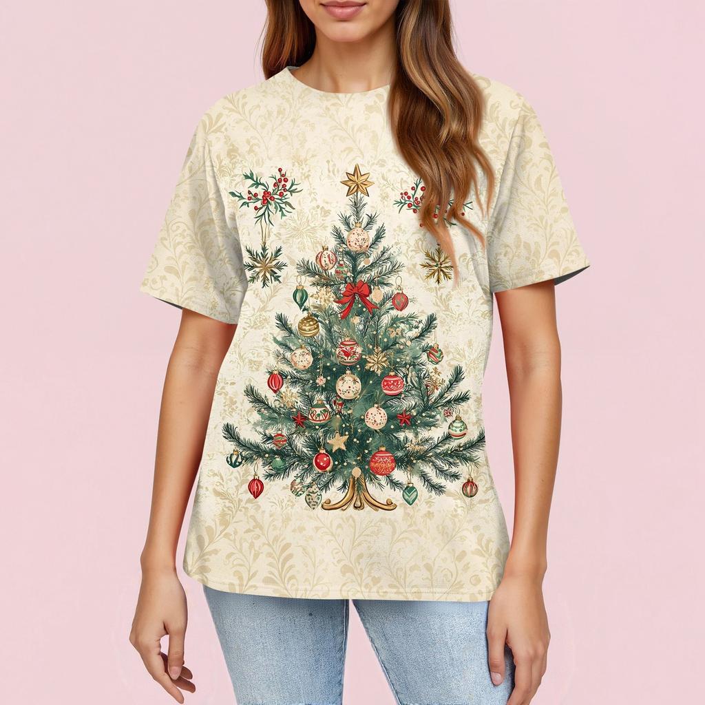 Women's Fashionable Casual Short Sleeve Christmas Print Round Neck Pullover Top