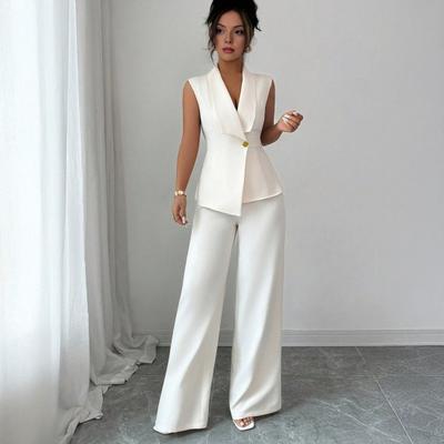 Tenues d'affaires pour femmes 2 pièces Décontracté Veste blazer sans manches Pantalon à jambes larges Ensemble tailleur Habillé Travail de bureau