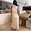 Women Spaghetti Strap Halter Solid Ankel-Length Dress High Collar High Waist