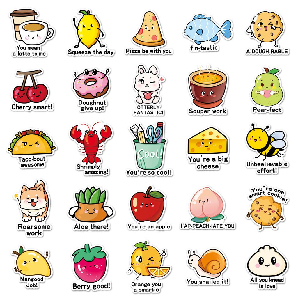 50-Piece Original English Reward Stickers - Hand-Drawn Non-Infringing Cute Cartoon Playful Decals for Stationery, Water Bottles
