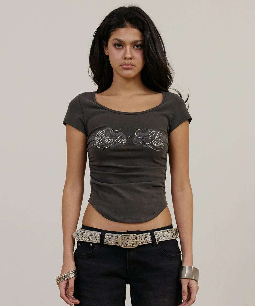 Iwaiial Hotfix Logo Shirring Short Sleeve Top - Charcoal