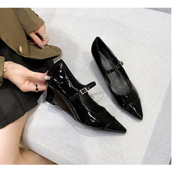 

Upgraded version! French Mary Jane shoes silver temperament pointed high heels women s 2025 new spring wedge heels single shoes 40