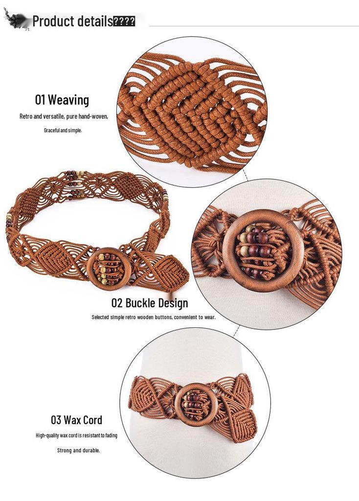 Ethnic Handmade Wax Rope Belt with Wood Buckle and Beads