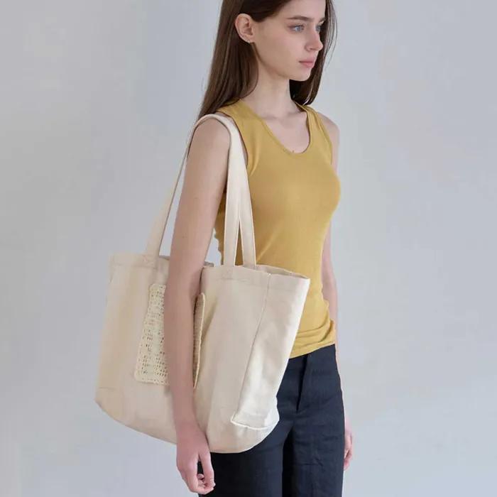 Flower Doily Big Canvas Shopper Bag _ Cream