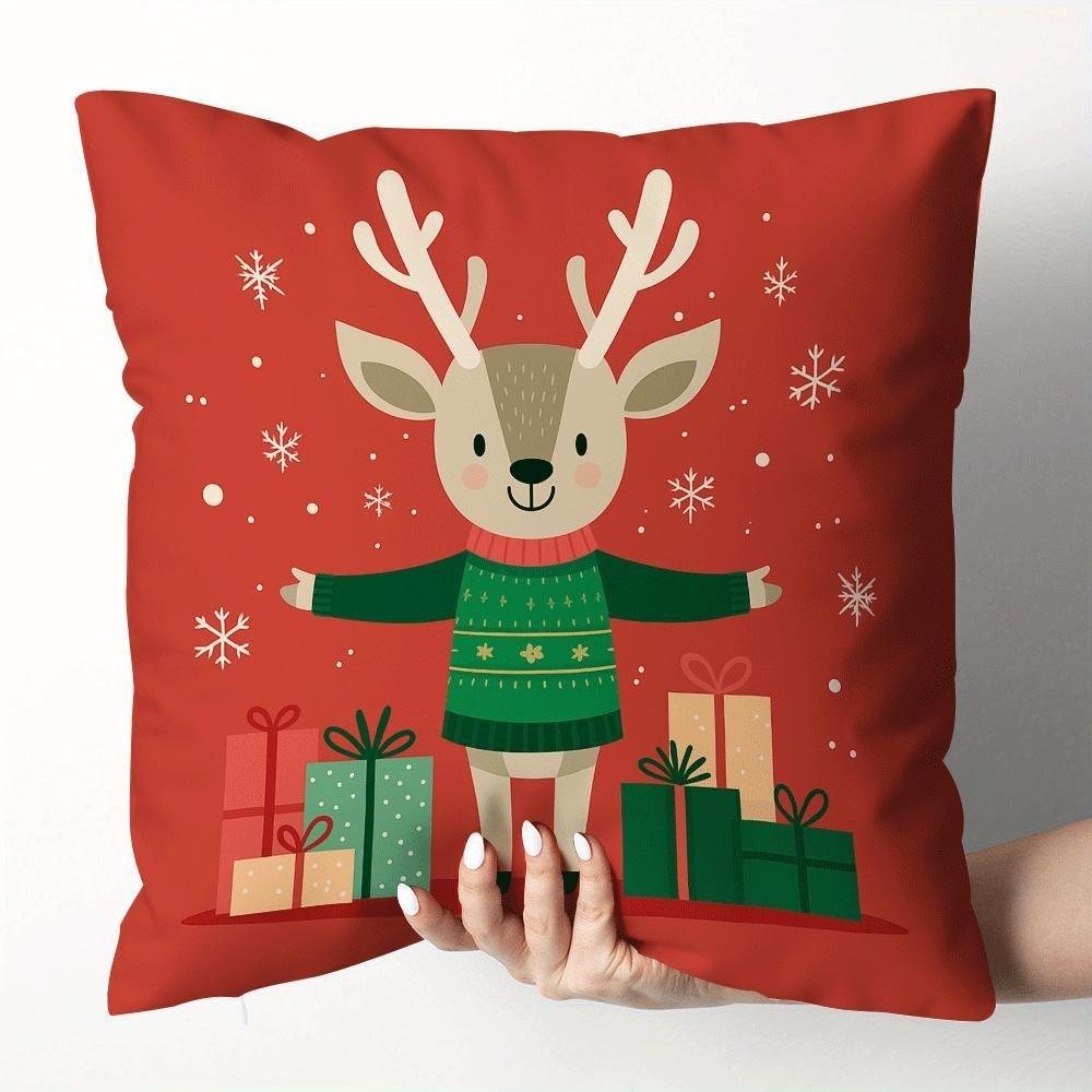 On the Red Pillow, the Nutcracker, Reindeer, Santa Claus and Snowman Bring Gifts for New Year Home Decoration 2d Flat Printing