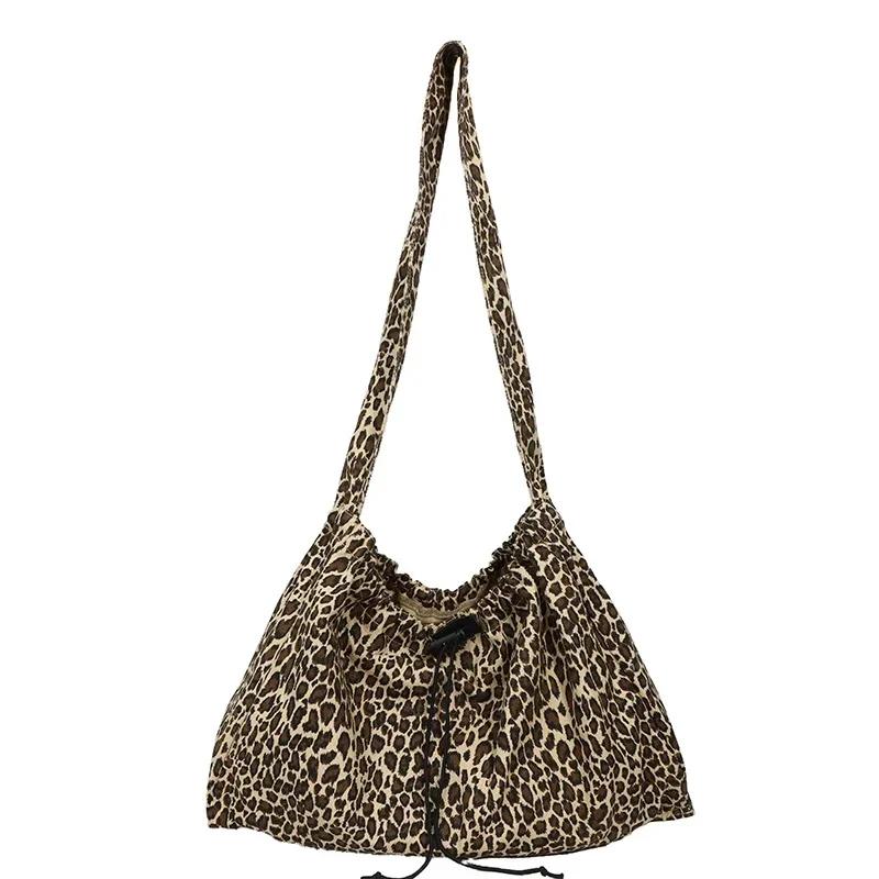 Leopard Print Large Capacity Crossbody Bag Cotton Casual Handbag Soft Multi-functional Popular Shoulder Bag