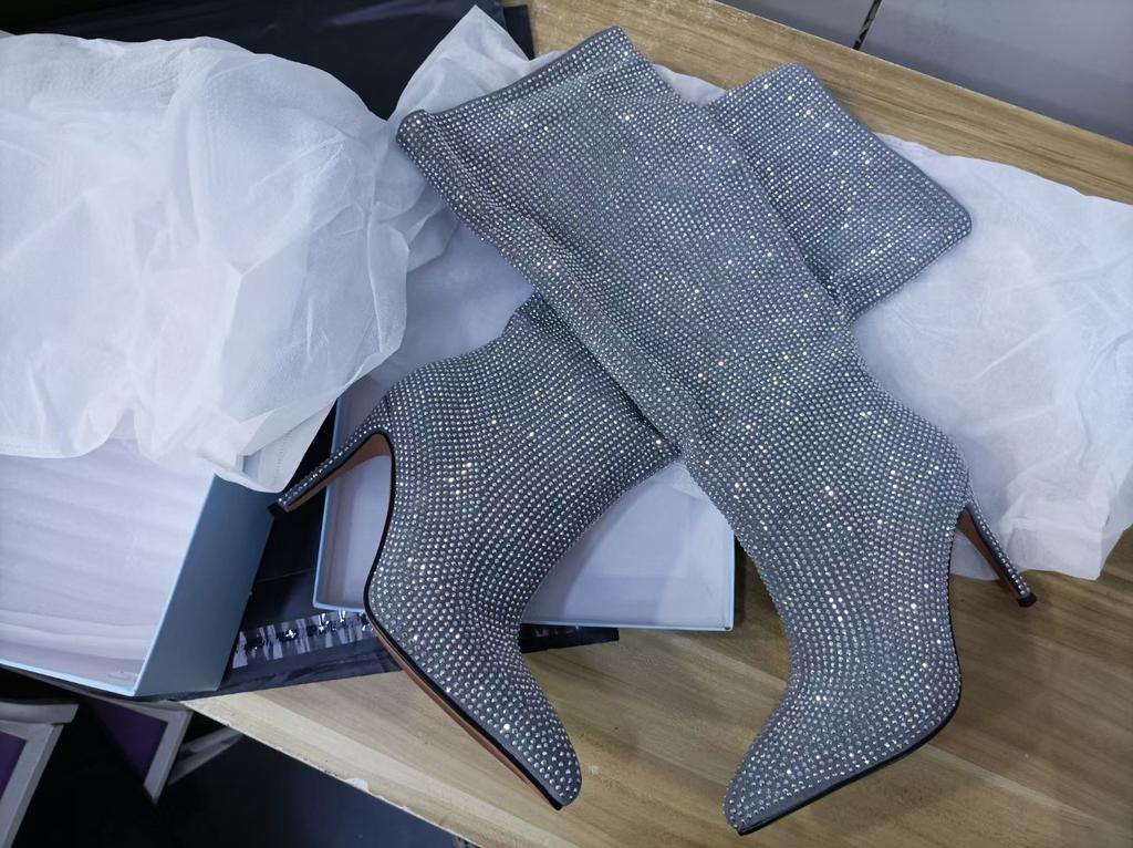 Nuovi Stivali Alti Fino Al Ginocchio Stiletto a Punta Acuta con Punti Stellati Baby'S Breath Europei e Americani, Stivali da Sfilata da Donna Taglie Forti