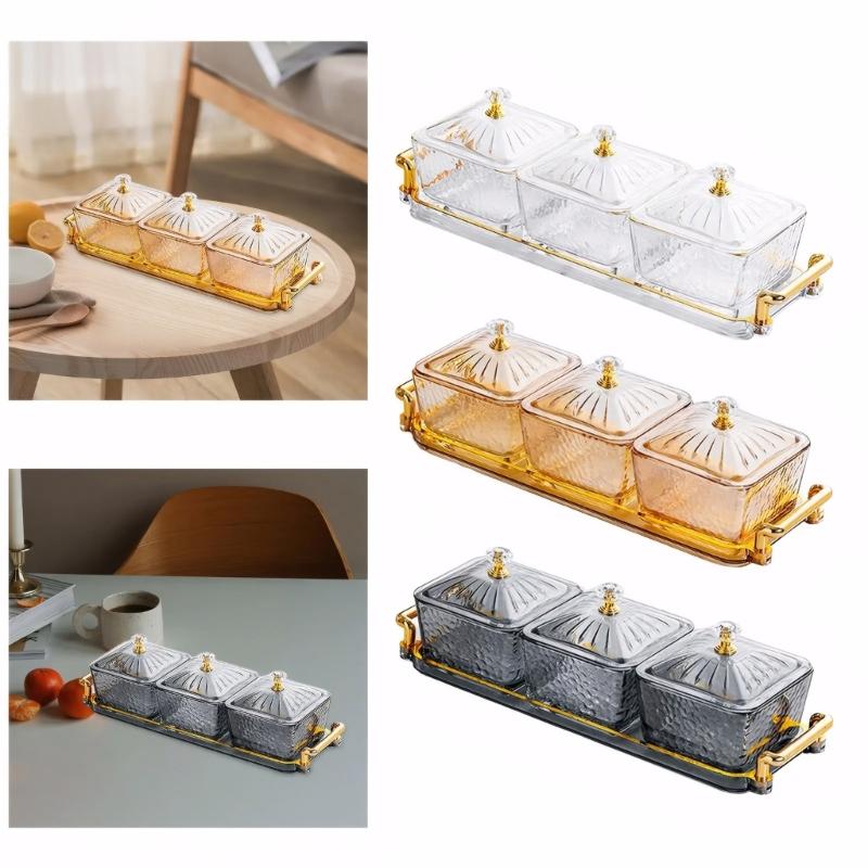 Glass 3 Section Snacks Organizers With Protective Lid And Tray and Removable Bowls For Kitchen Dining Room Display