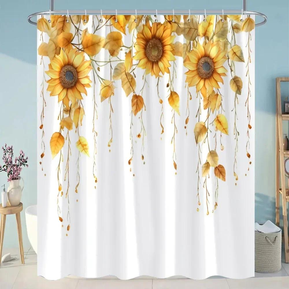 Sunflowers Lavender Shower Curtains Green Plants Popular Flowers Small White Daisy Butterflies Hanging Curtains Bathroom Decor