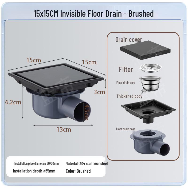 15x15 Odor-Proof Invisible Floor Drain, 304 Stainless Steel, Concealed for Bathroom or Shower Room