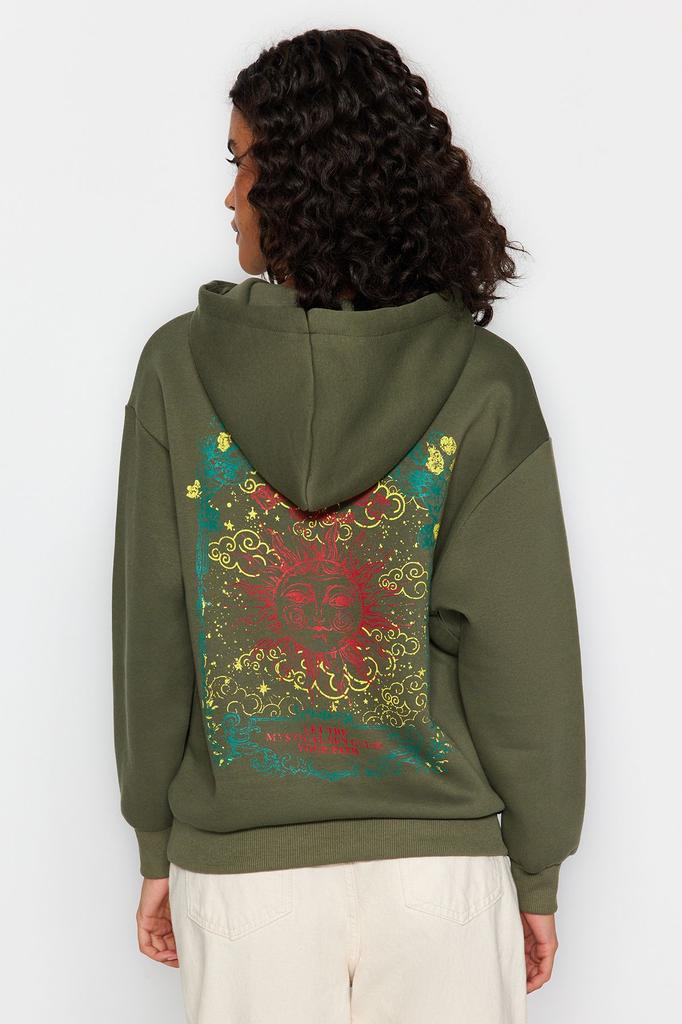 Women's Fashionable Stylish Sweatshirt Khaki Thick Inside Fleece Front and Back Printed Oversize Wide Fit Knitted Sweatshirt