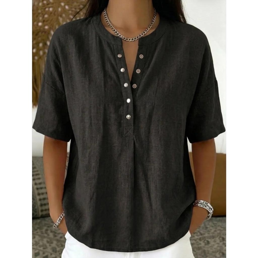 Women's Linen Blend Henley Neck Short Sleeve Casual Shirt