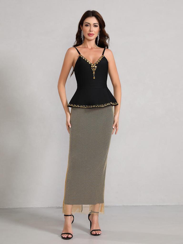 Multicolor Rhinestone Bandage V-Neck Spaghetti Strap High-Waist Evening Gown Set