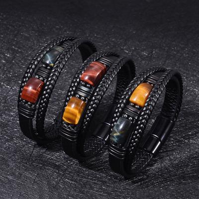 Tiger-eye Stone Bracelet - Multi-layer Leather Natural Stone Wristband - Men's Magnetic Buckle Wristband Jewelry