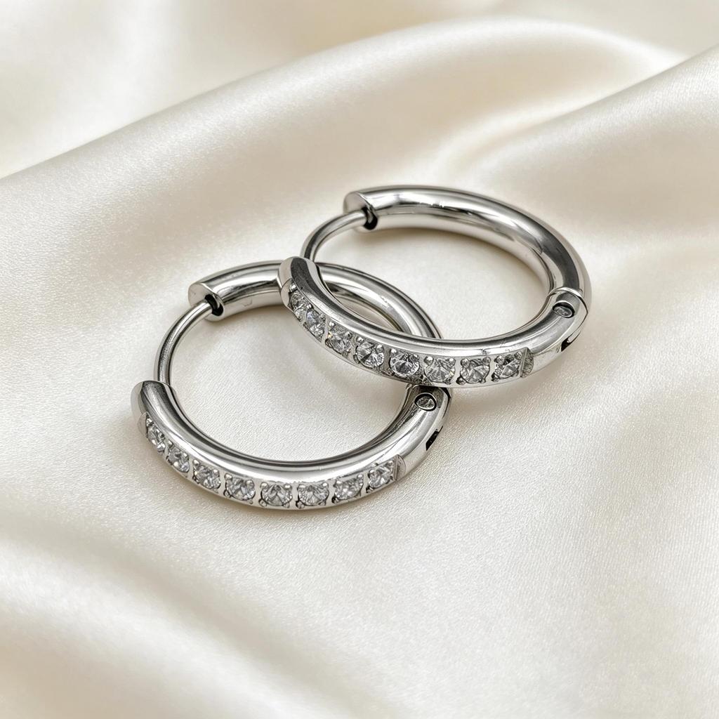 Korean Style Stone-Inlaid Titanium Steel Hoop Earrings - Fresh Design with Stainless Steel and Diamond Detailing, 2.5mm Line.