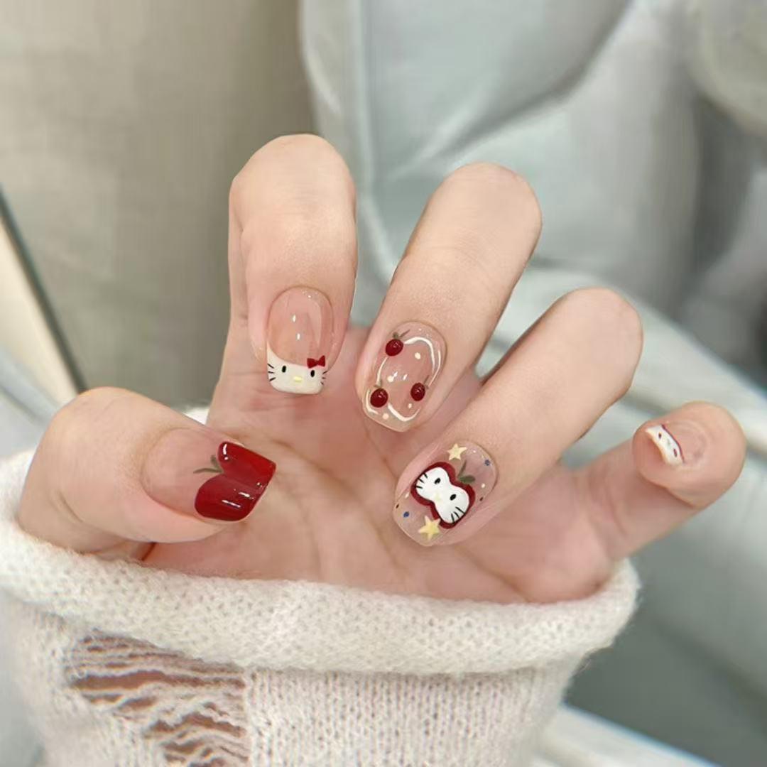 Red Velvet Aurora Wearable Nail Tips: Detachable, Handmade, High-End Whitening Manicure Stickers