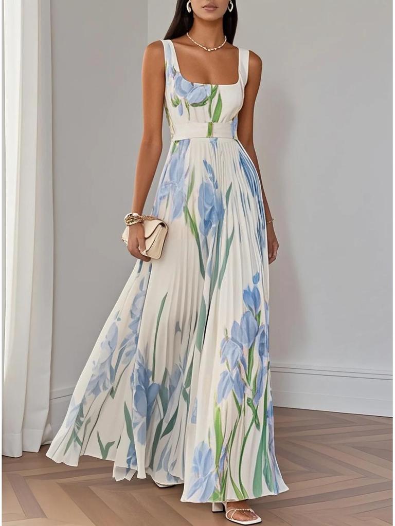 European & American Women's Spaghetti Strap Floral Maxi Dress with Digital Print
