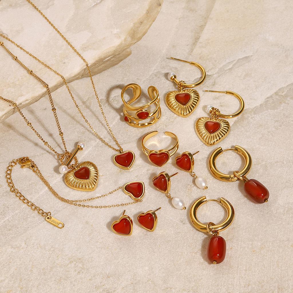 Stainless Steel Red Agate Heart-shaped Necklace, High-end Pendant Earrings, Exclusive Ring